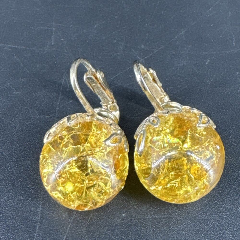 Vintage Earrings Amber Confetti Lucite Round Silver Tone Metal Clip On Filigree